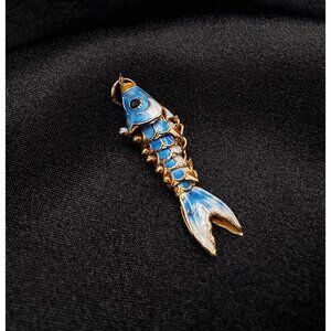 Vintage Chinese Blue Enamel Articulated Fish Pendant Gold-Tone Handcrafted Charm